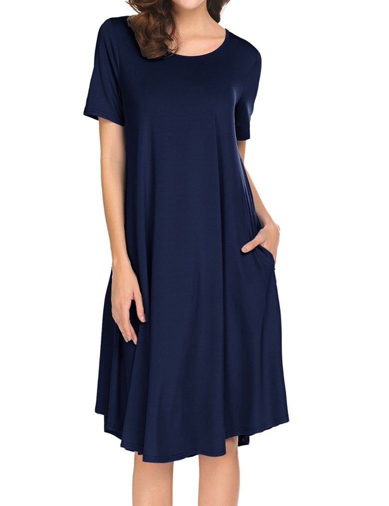 Locryz Womens Short Sleeve Pocket Casual Loose Swing Midi T Shirt Dress (XXL, Dark Blue) - Image 1